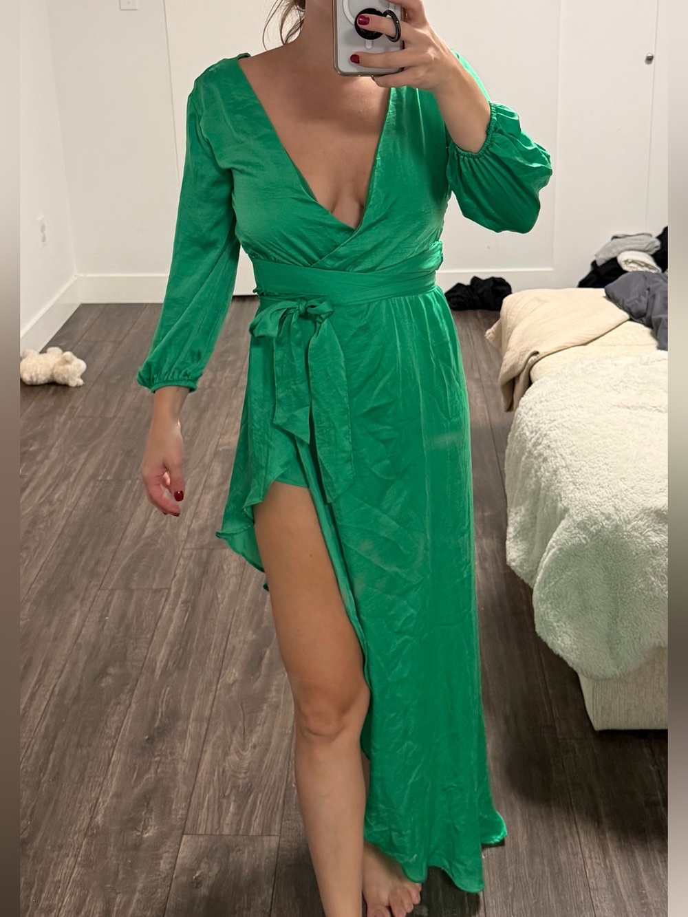 Fashion Nova Emerald Green Wrap High-Low Maxi Dress